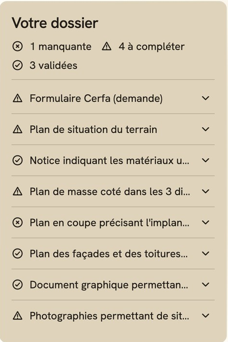 Le panneau « Votre dossier » : une pièce manquante, quatre à compléter, trois validées, et le statut de chacune des huit pièces attendues